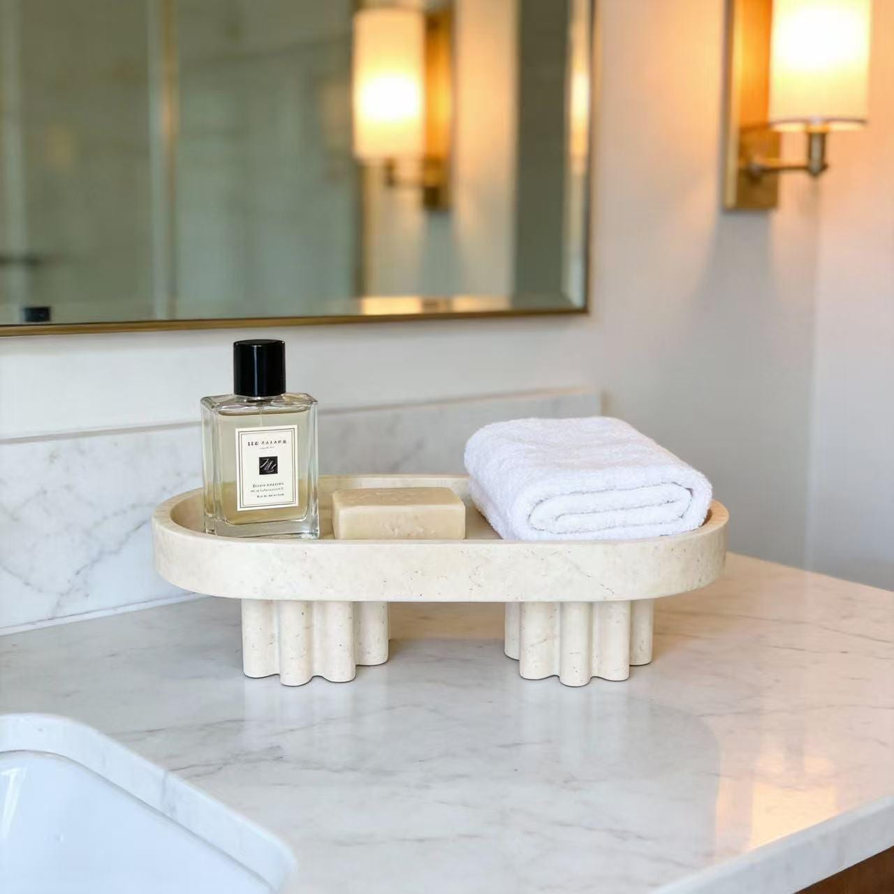 Handcrafted Fluted Pedestal Marble footed Tray, Modern Home Decor for Bathroom