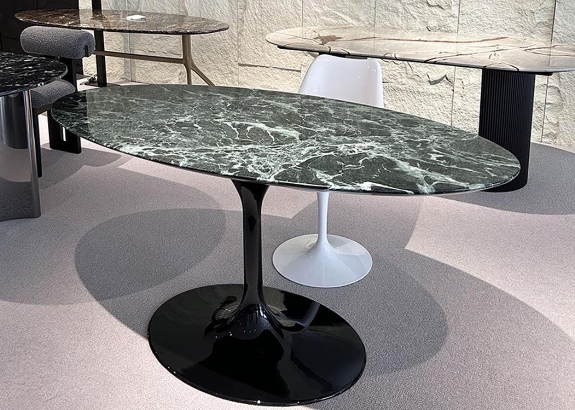 Oval Natural Italy Green Marble Dining Table: Mid-Century Modern Aluminum Base