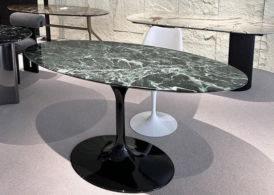 Oval Natural Italy Green Marble Dining Table: Mid-Century Modern Aluminum Base