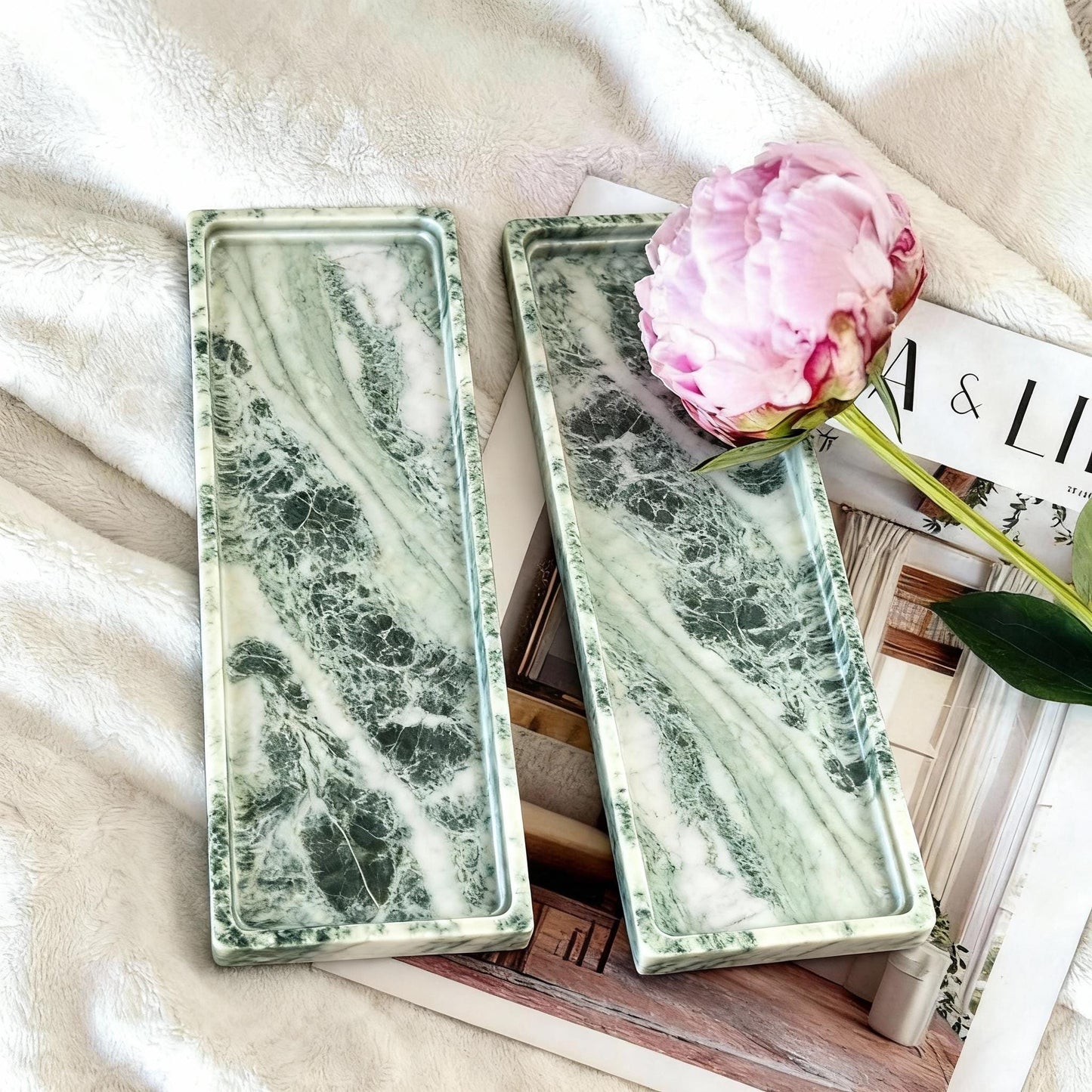 Handmade Green Veined Marble Tray, Luxury Vanity Organizer for Bathroom & Dressing Table Decor Gift