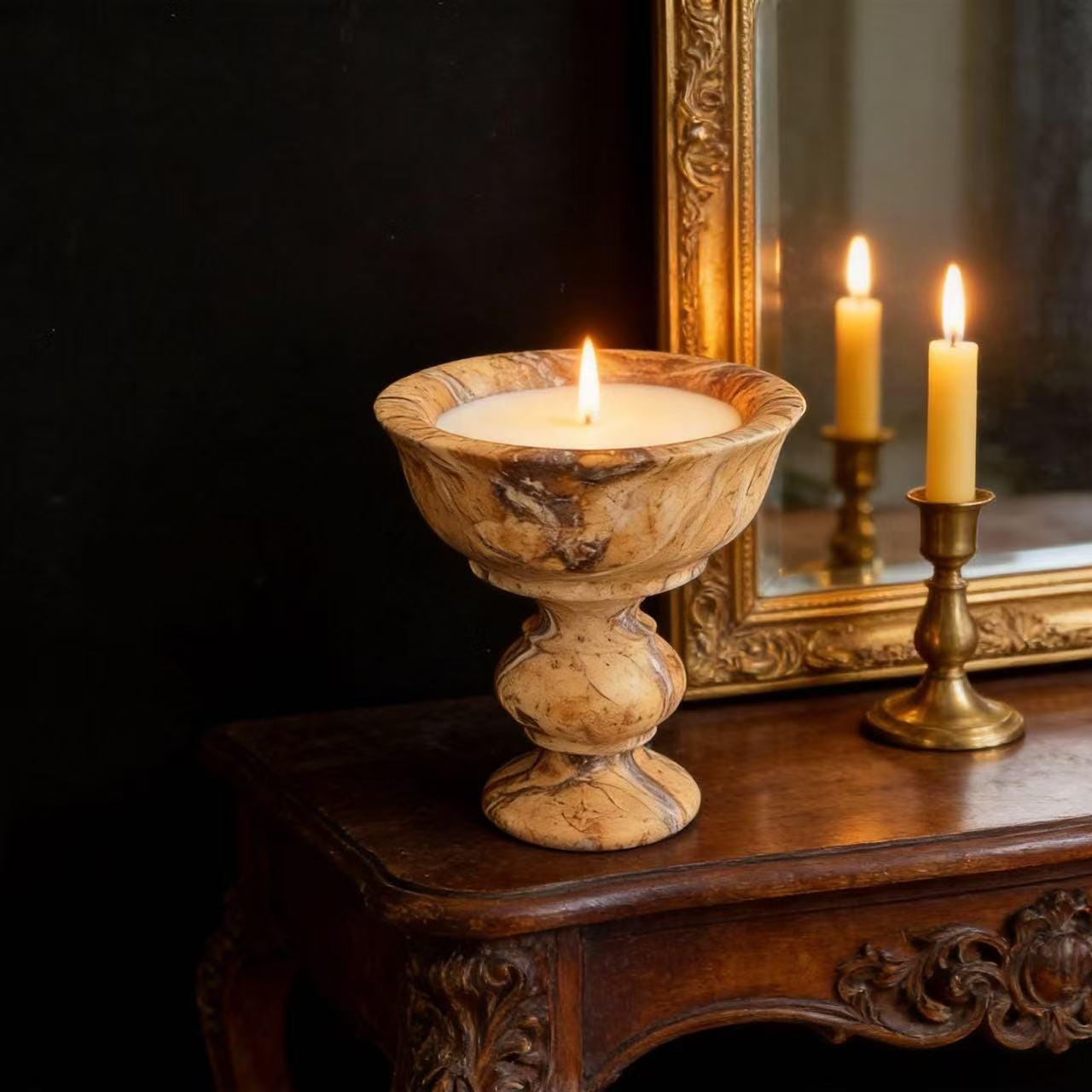 Handcrafted Marble Pedestal Candle, Essential Oil Scented, Table Centerpiece