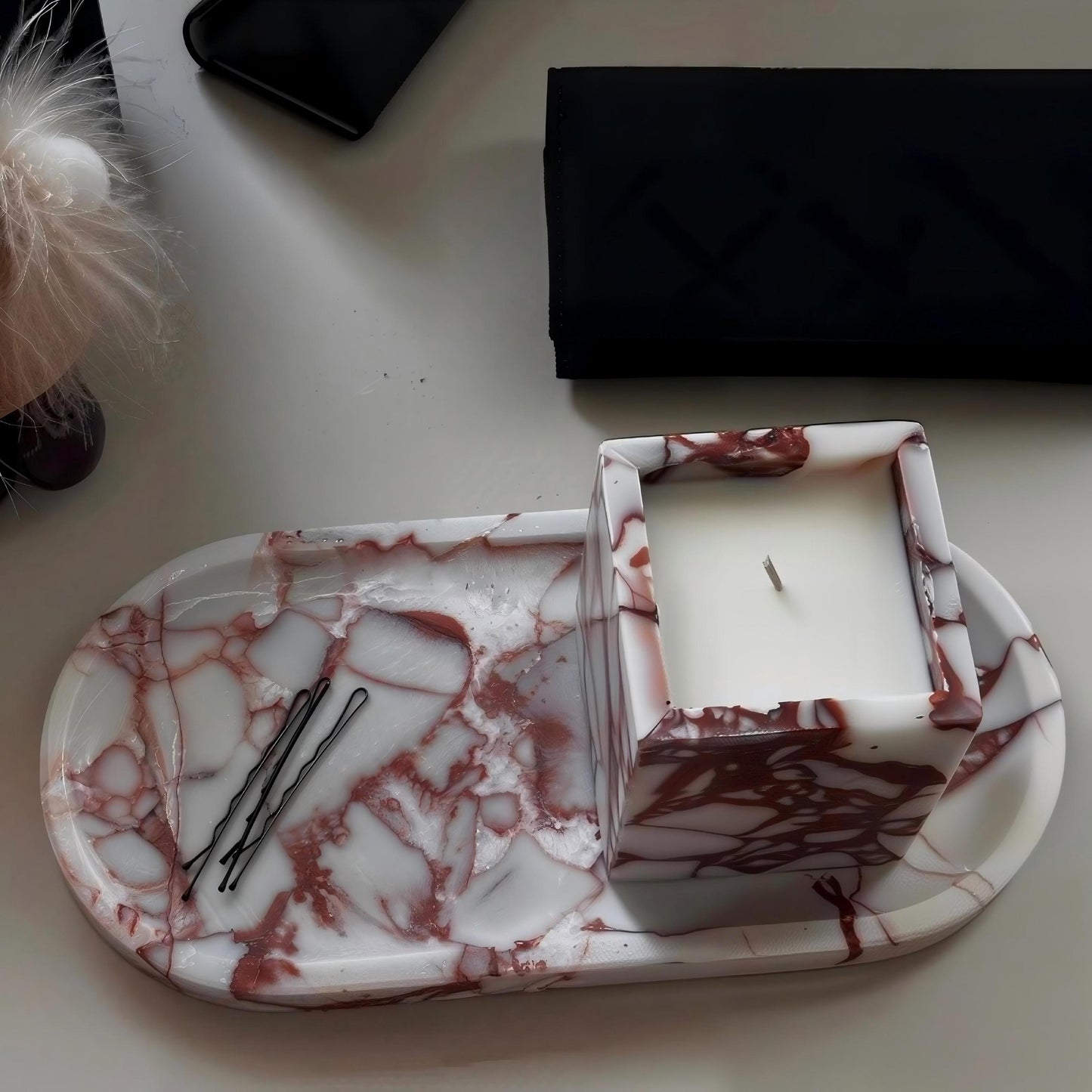 Handcrafted Red Marble Vanity Tray and Scented Candle Gift Set - Decorative Stone Organizer