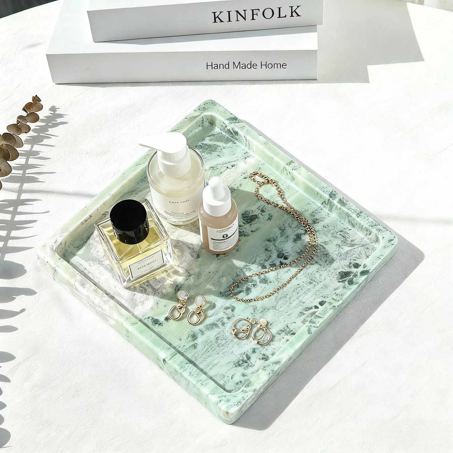 Handmade Green Veined Marble Tray, Luxury Vanity Organizer for Bathroom & Dressing Table Decor Gift