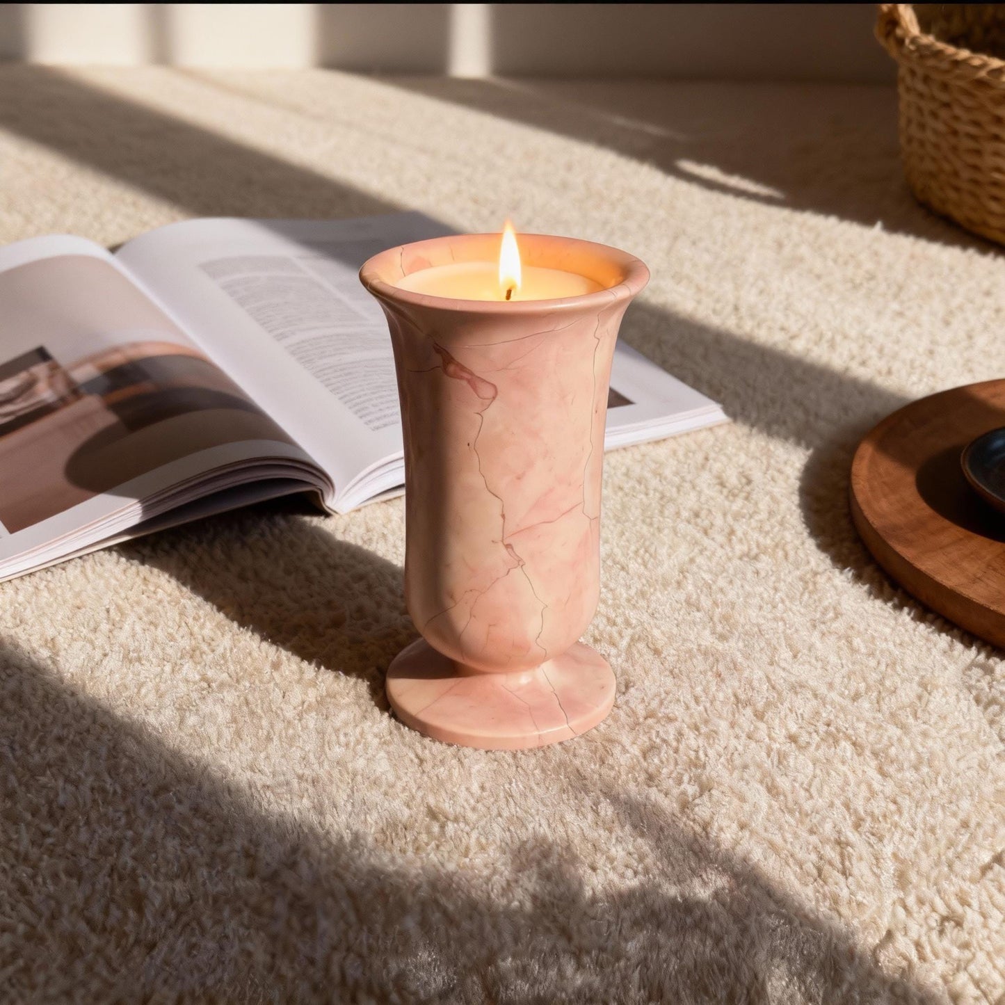 Warm Toned Marble Candle – Sculptural Goblet Shape – Handcrafted Stone Holder with Soy Wax, Art Deco Home Decor Gift