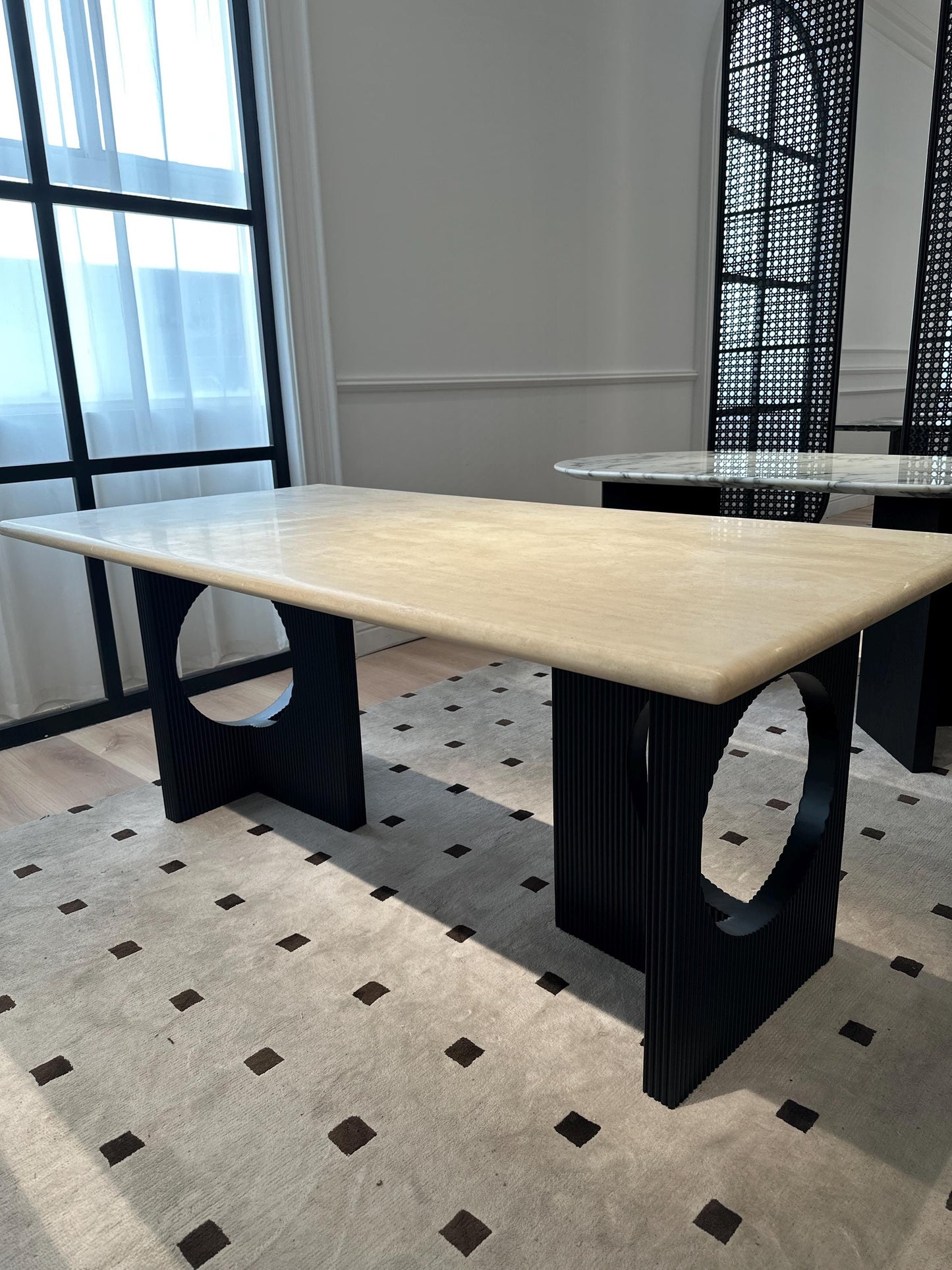 BORSCHELY rectangle travertine dining table, wooden pedestal, Vintage Style for living room