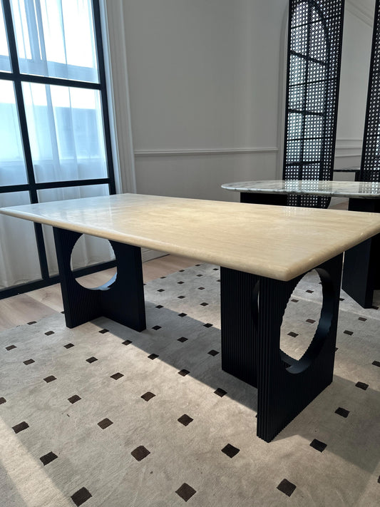 BORSCHELY rectangle travertine dining table, wooden pedestal, Vintage Style for living room