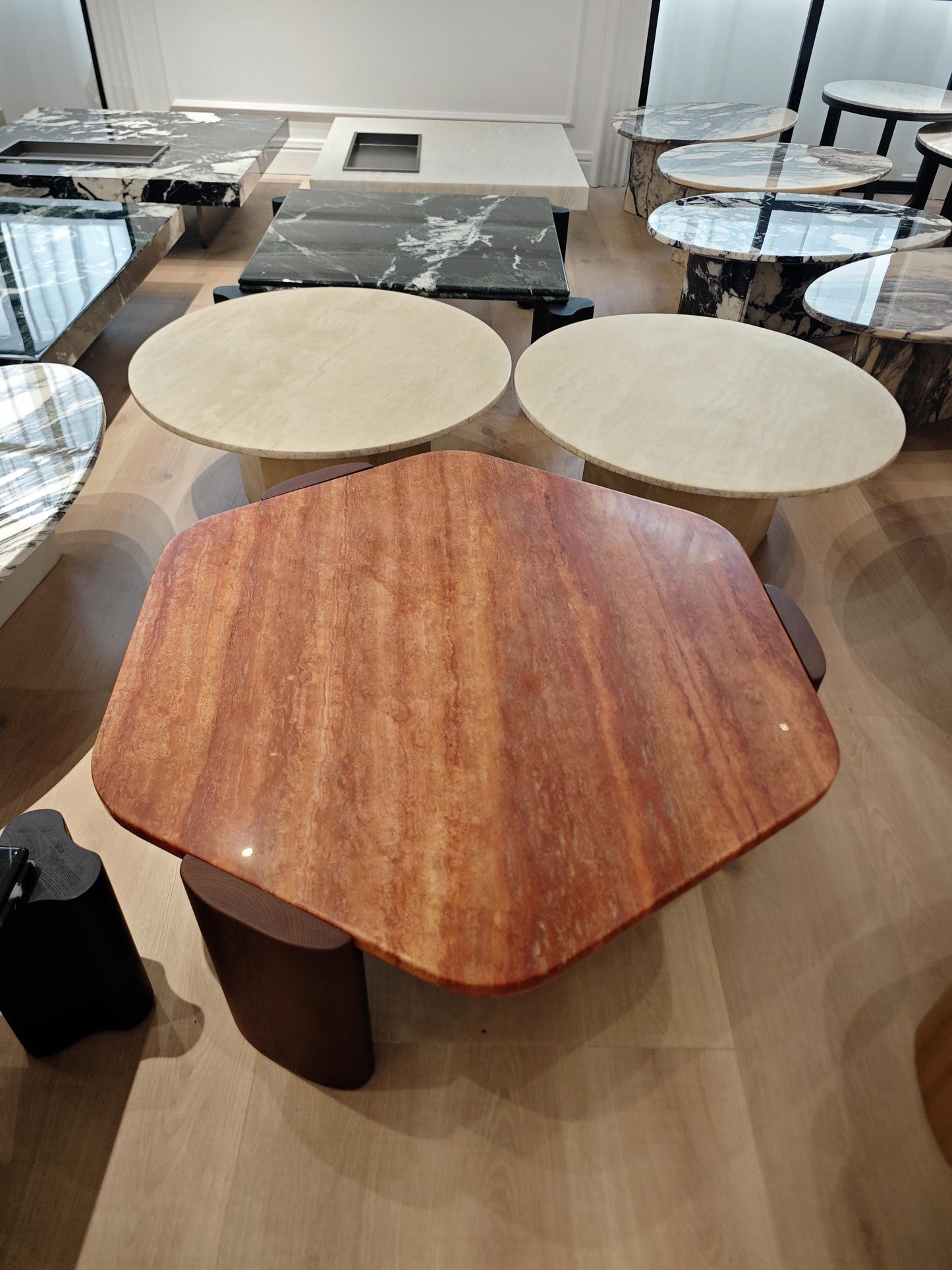 Hexagon Natural Travertine Coffee table, wooden pedestal, vintage style