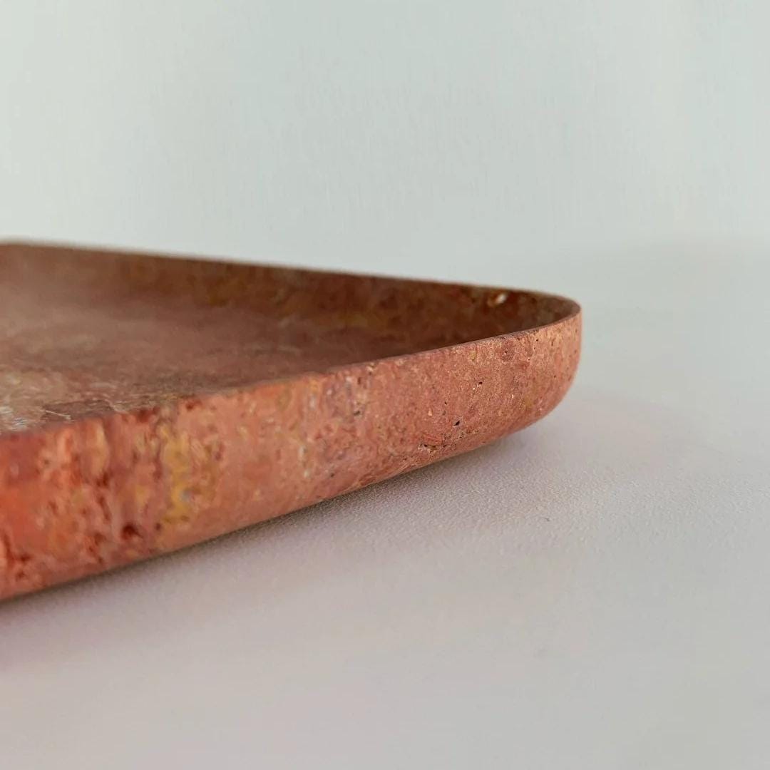 Handcrafted Red Travertine Tray - Modern Stone Storage Dish for Jewelry, Perfume & Candle Holders