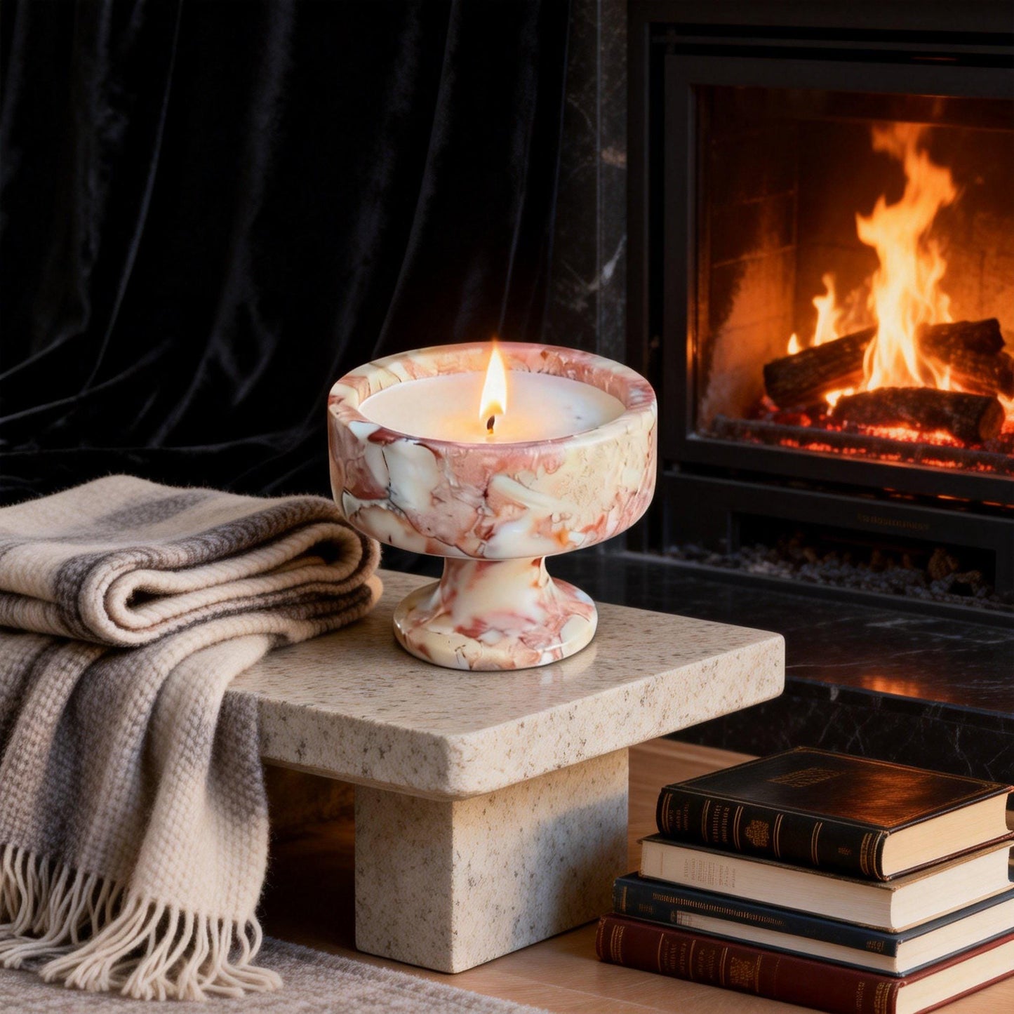 Blush Veined Marble Pedestal Candle, Handmade Luxury Scented Candle, Romantic Home Decor & Gift