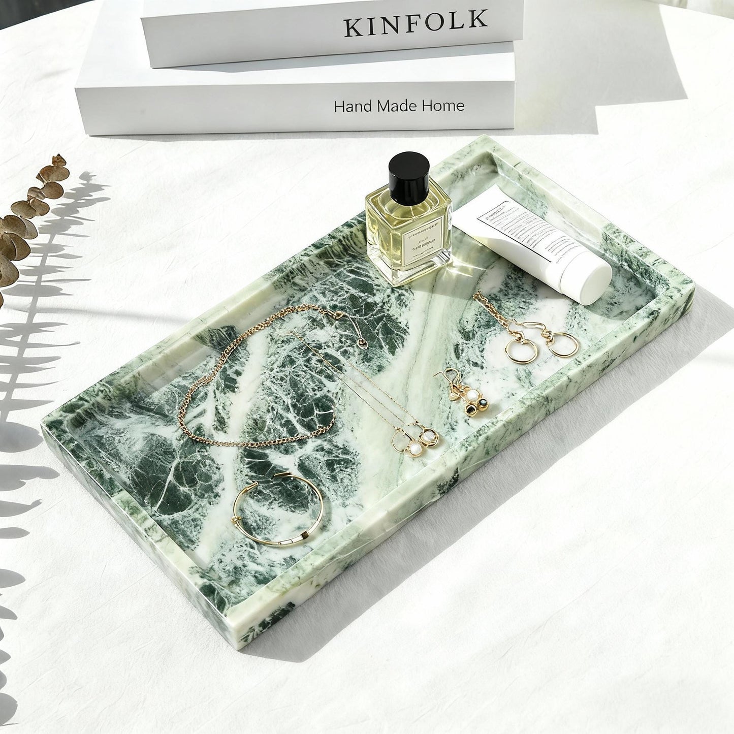 Handmade Green Veined Marble Tray, Luxury Vanity Organizer for Bathroom & Dressing Table Decor Gift