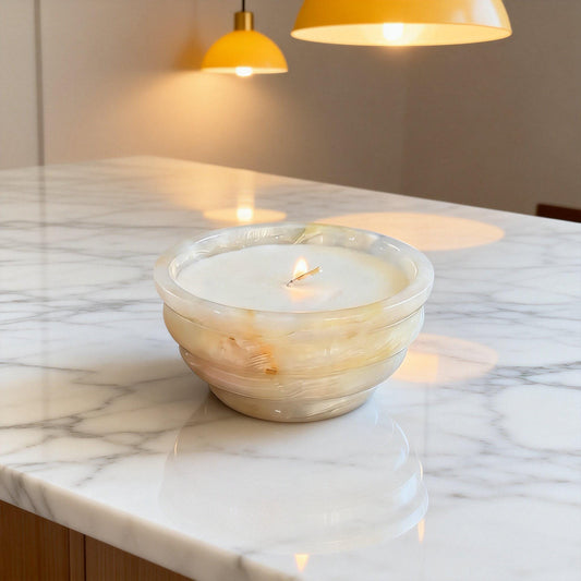 Honey Onyx Marble Ribbed Bowl Scented Candle, Handcrafted Stone Candle, Cozy Home Ambiance Gift