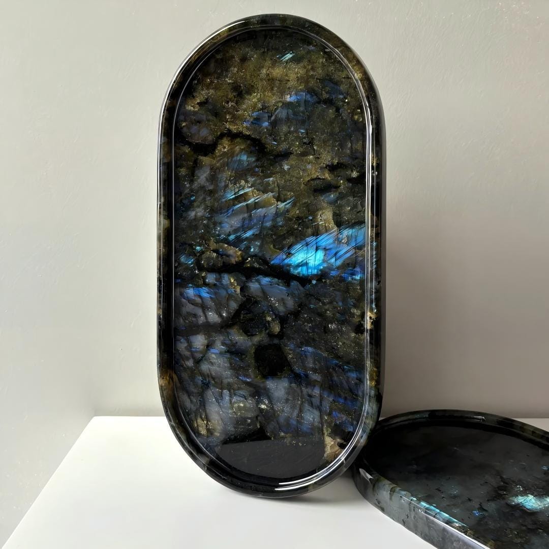 Labradorite Stone Tray – Iridescent Organic Shape Decorative Platter – Handcrafted Crystal Home Decor Gift