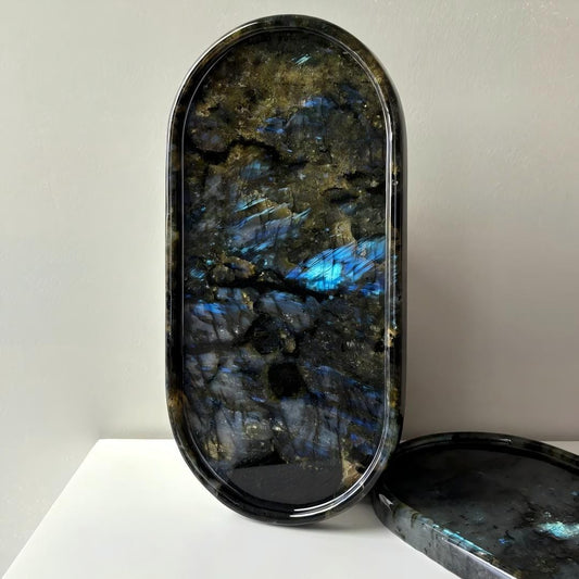 Labradorite Stone Tray – Iridescent Organic Shape Decorative Platter – Handcrafted Crystal Home Decor Gift