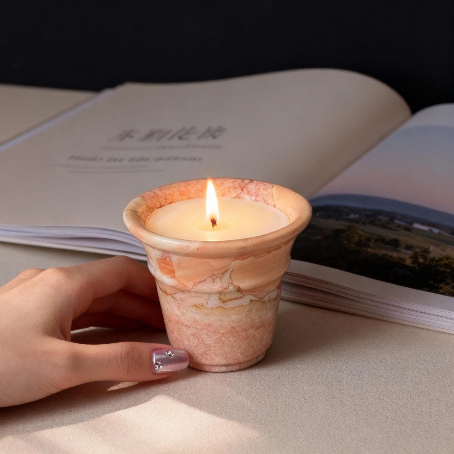 Handcrafted Pink Travertine Candle, Terracotta Pot, Cozy Home Decor