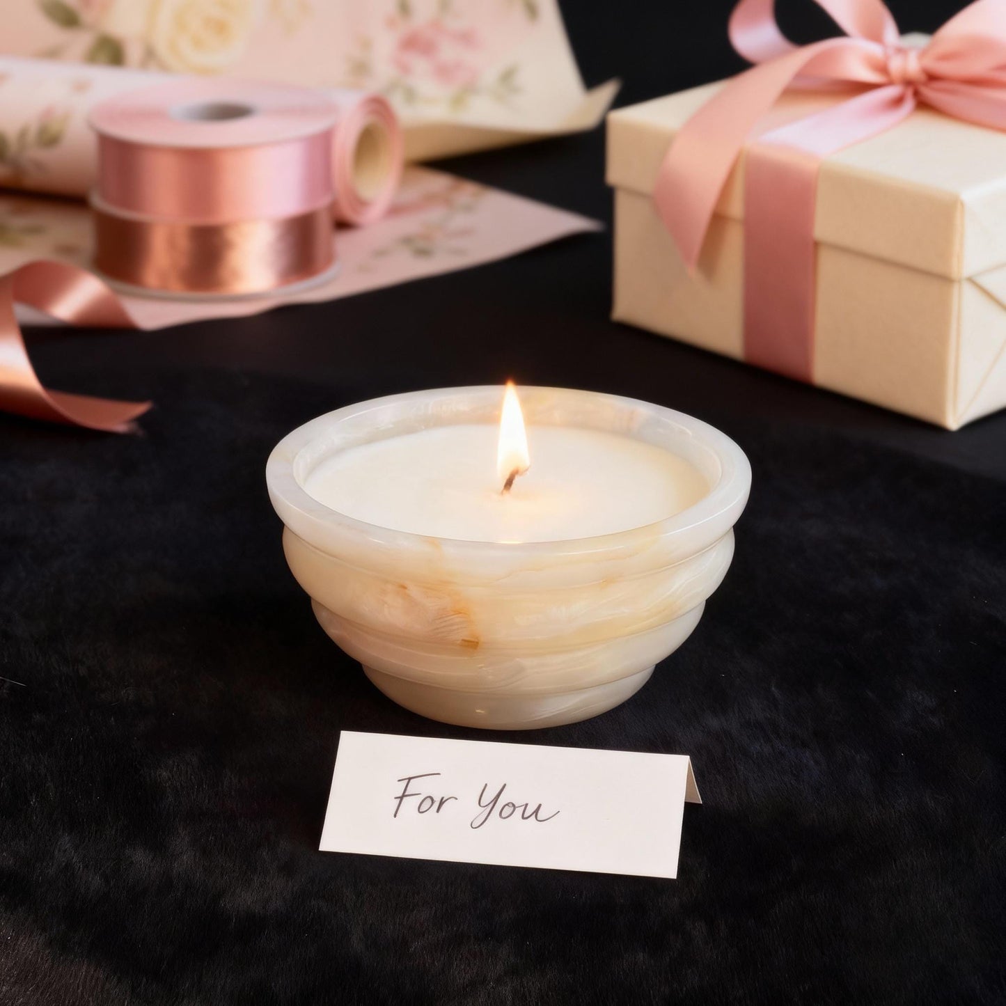 Honey Onyx Marble Ribbed Bowl Scented Candle, Handcrafted Stone Candle, Cozy Home Ambiance Gift