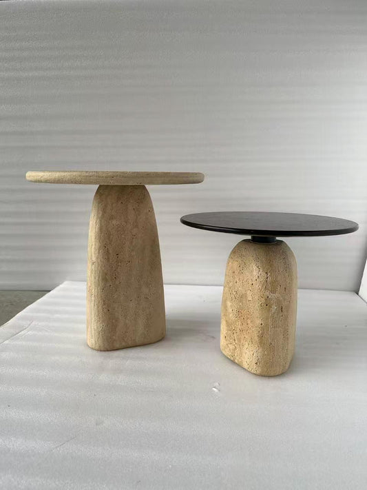 borschely Organic Modern Mushroom Side Table Set - Natural Travertine Nesting Tables in White