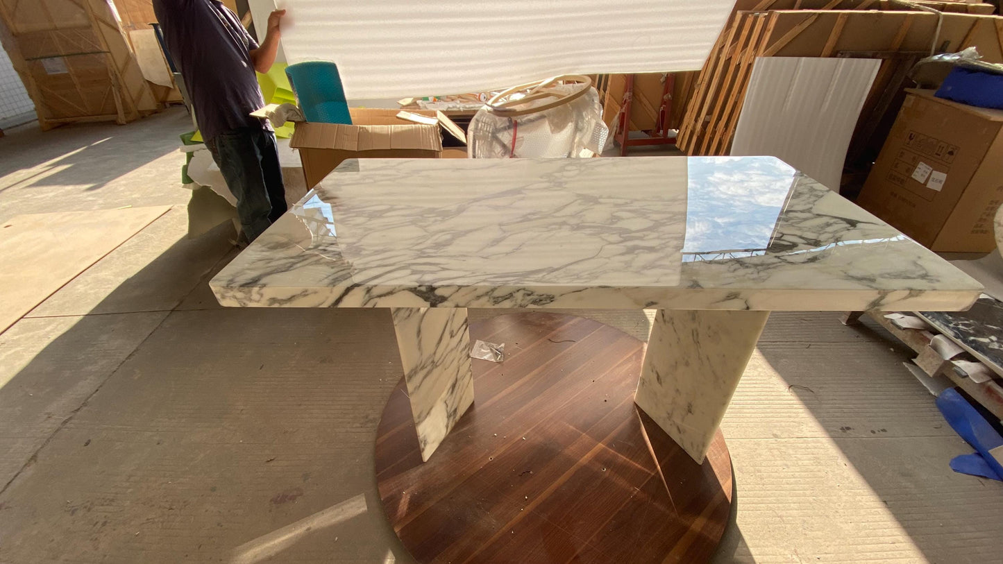 Elegant Calacatta white natural marble dining table: Luxury Italian Marble Furniture | Modern Triangle Base