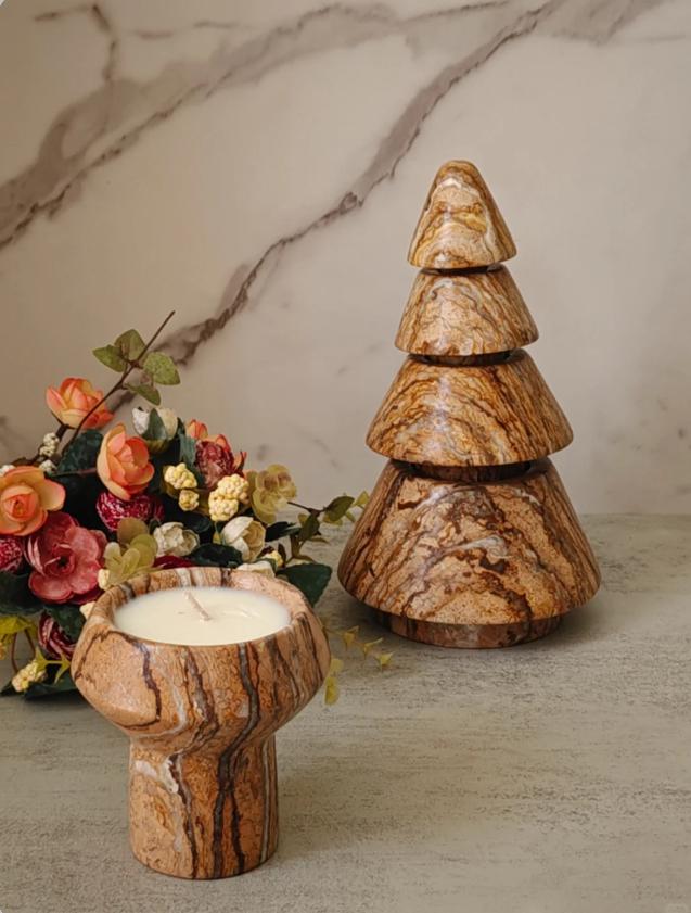 Natural Stone Christmas Tree Candle Holders: Gold & Brown Set of 4
