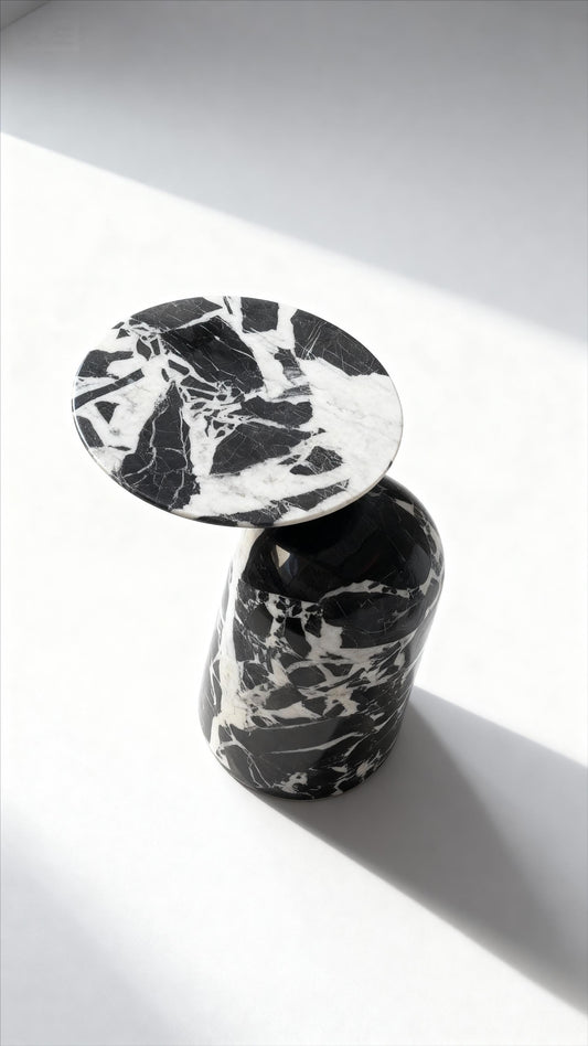 Handmade Modern Black and White Marble Side Table - Round Moon Top