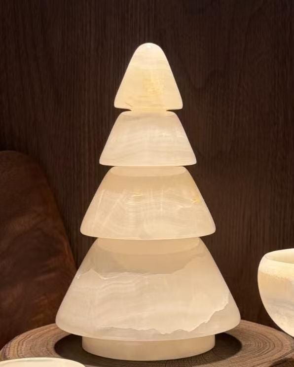Natural Stone Christmas Tree Candle Holders: Gold & Brown Set of 4