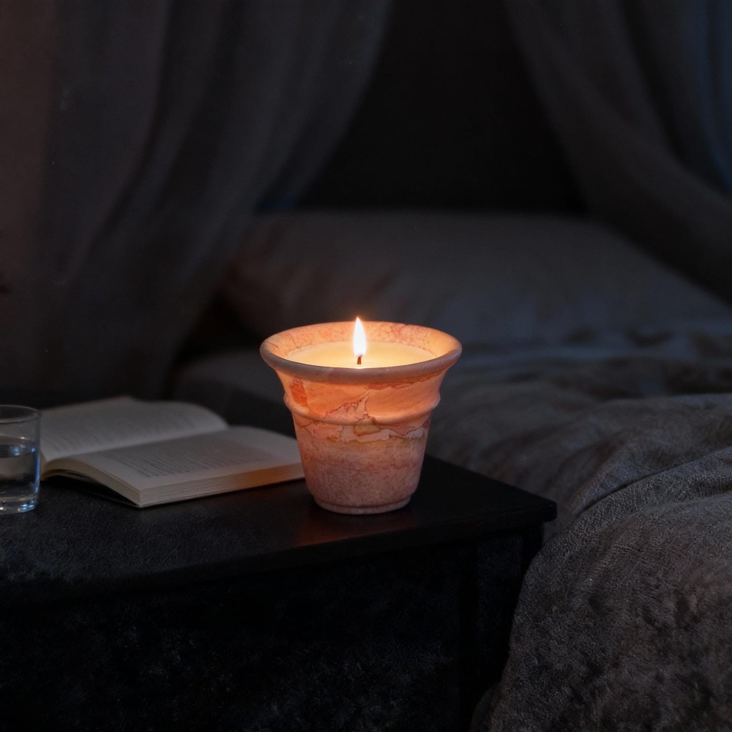 Handcrafted Pink Travertine Candle, Terracotta Pot, Cozy Home Decor