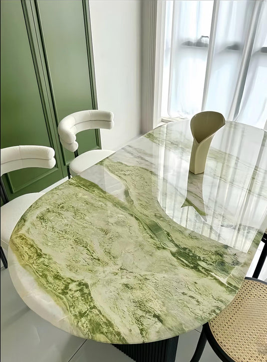 Celestial marble Oval shape, Natural Ireland Green Marble Dining Table, timeless and classic beauty