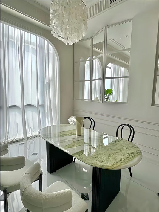 Celestial marble Oval shape, Natural Ireland Green Marble Dining Table, timeless and classic beauty