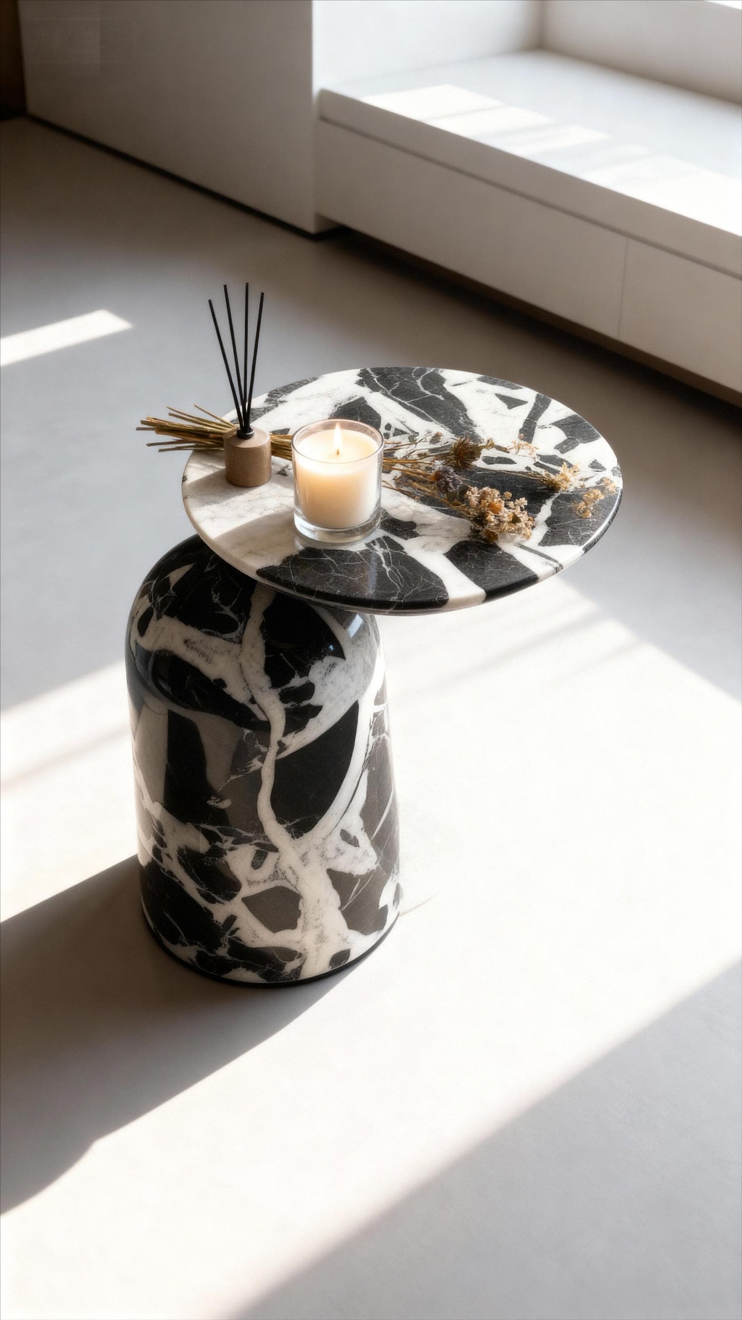 Handmade Modern Black and White Marble Side Table - Round Moon Top