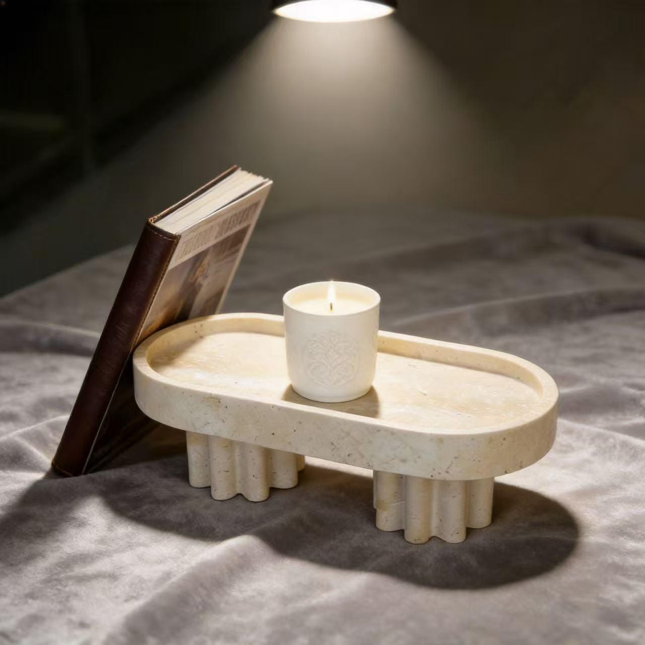 Handcrafted Fluted Pedestal Marble footed Tray, Modern Home Decor for Bathroom