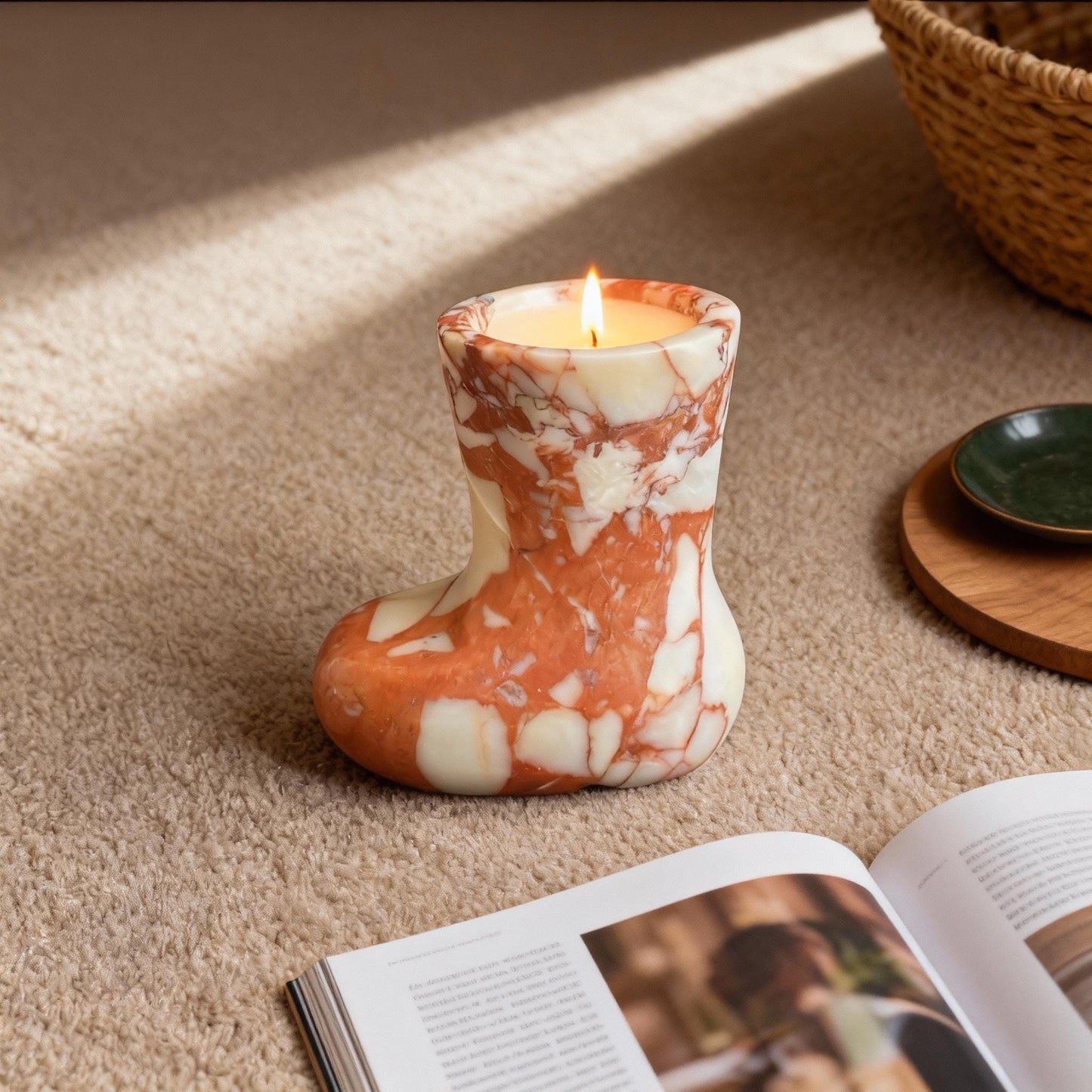 Marble Christmas Boot Candle – Handcrafted Stone Holder with Soy Wax – Festive Holiday Decor, Unique Gift for Her