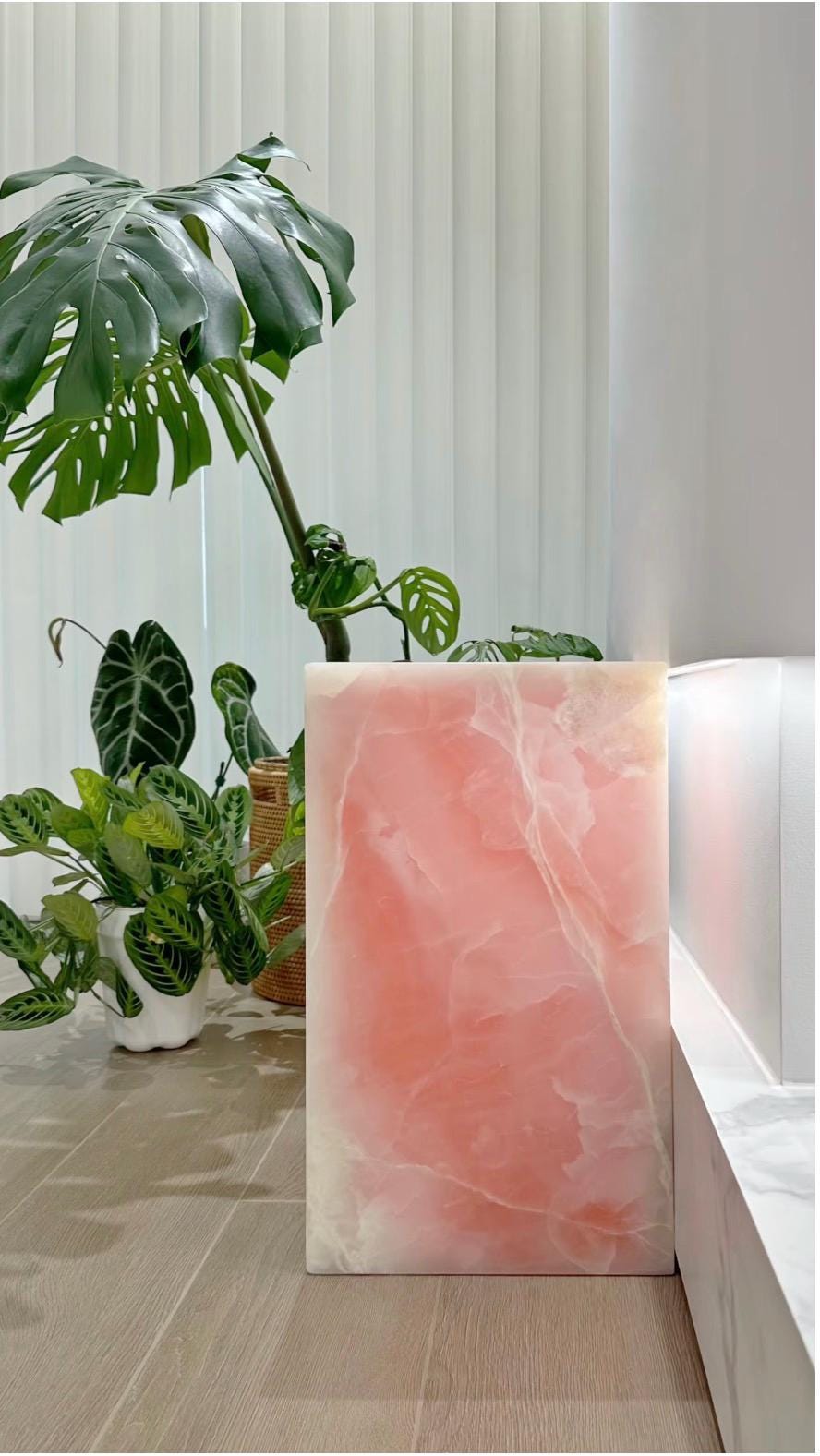 Pink Onyx Cuboid Side Table: Modern Luxury Coffee Table Nightstand, plinth