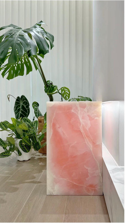 Pink Onyx Cuboid Side Table: Modern Luxury Coffee Table Nightstand, plinth