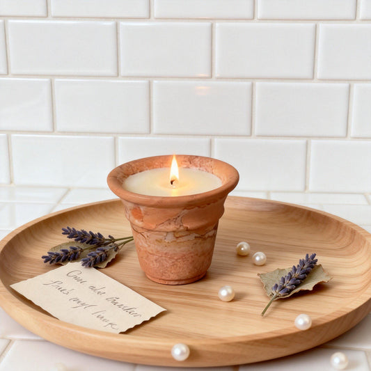 Handcrafted Pink Travertine Candle, Terracotta Pot, Cozy Home Decor