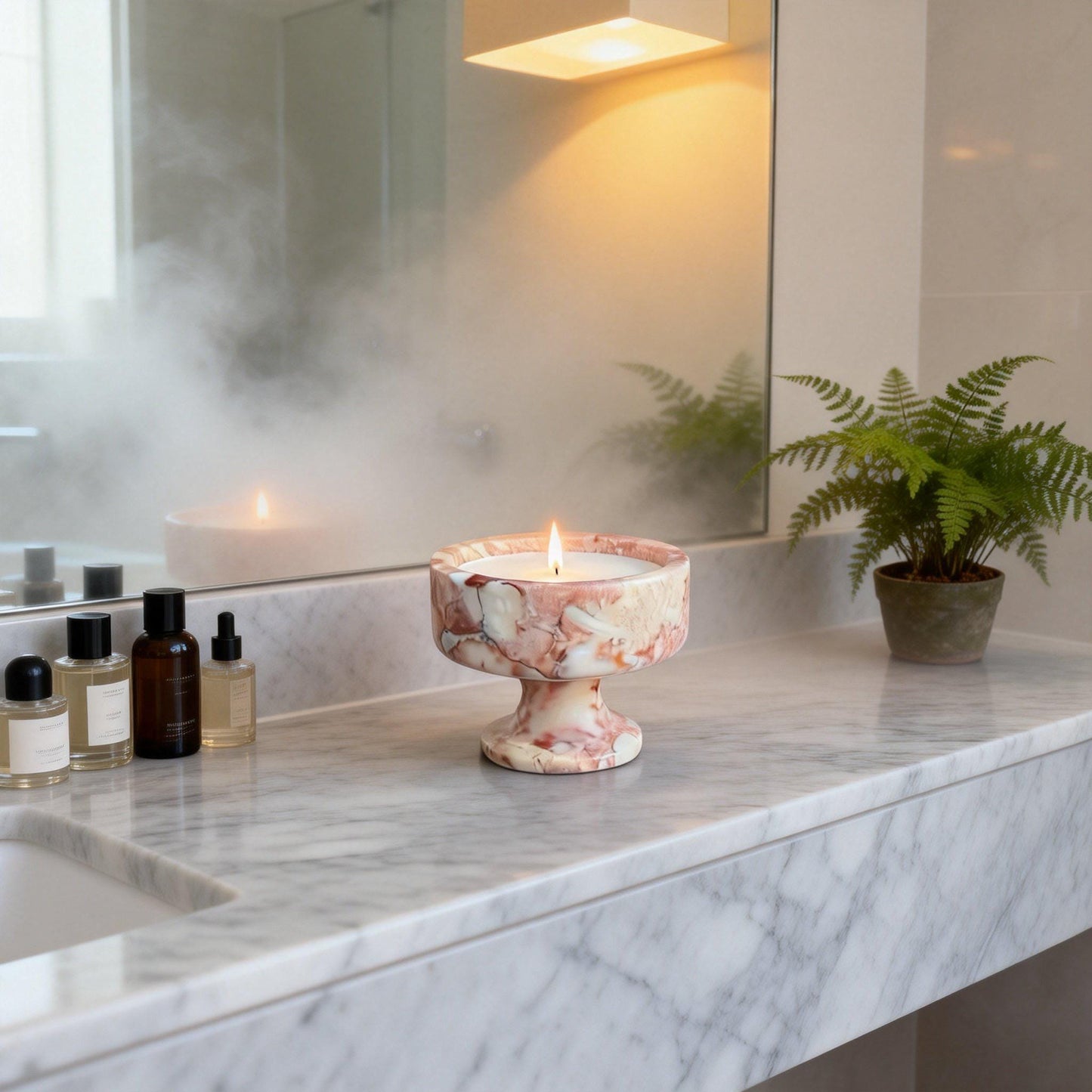 Blush Veined Marble Pedestal Candle, Handmade Luxury Scented Candle, Romantic Home Decor & Gift