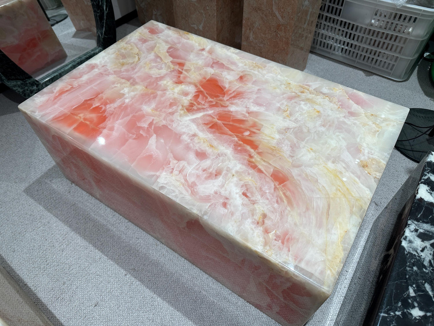 Handcrafted Pink Onyx Plinth Coffee Table: Italy minimalism