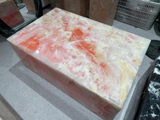 Handcrafted Pink Onyx Plinth Coffee Table: Italy minimalism