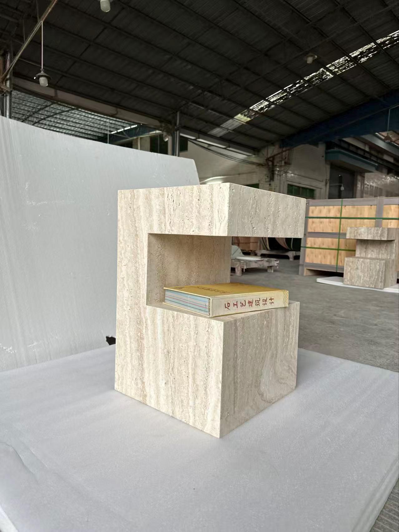 Handcrafted Travertine Side Table: Natural Stone Nightstand with Storage, plinth