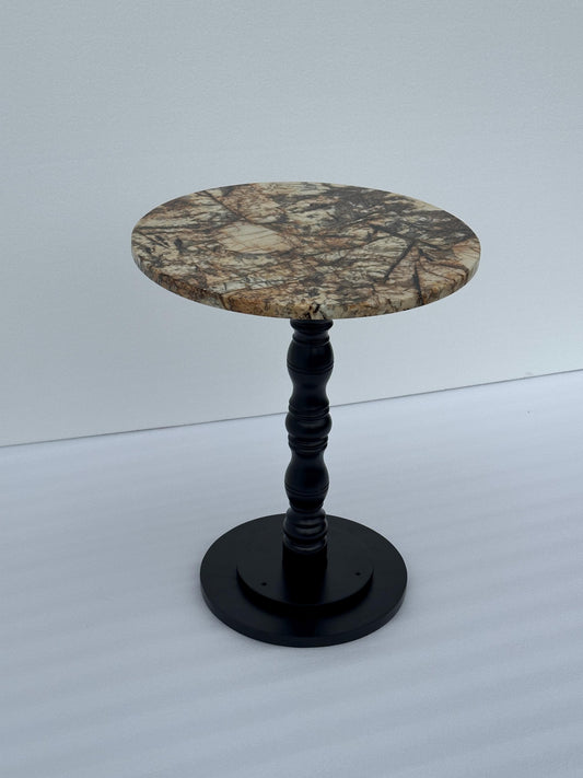Natural Marble & Wood Pedestal Side Table: Vintage Minimalist Nightstand