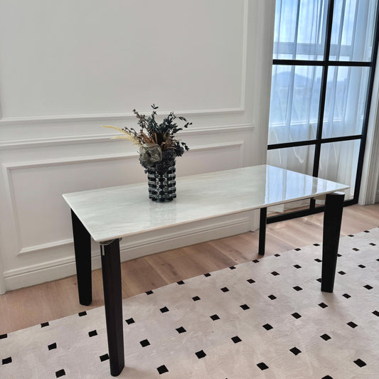 Borschely luxury rectangle white dinning table made by white marble and wooden pedestal