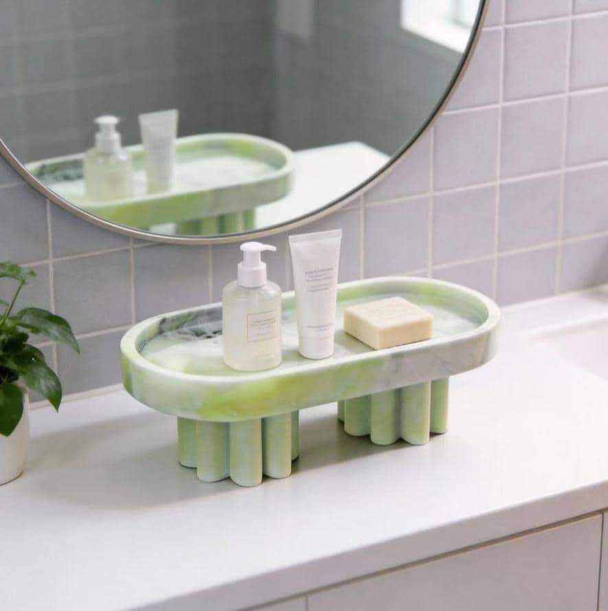Handcrafted Fluted Pedestal Marble footed Tray, Modern Home Decor for Bathroom