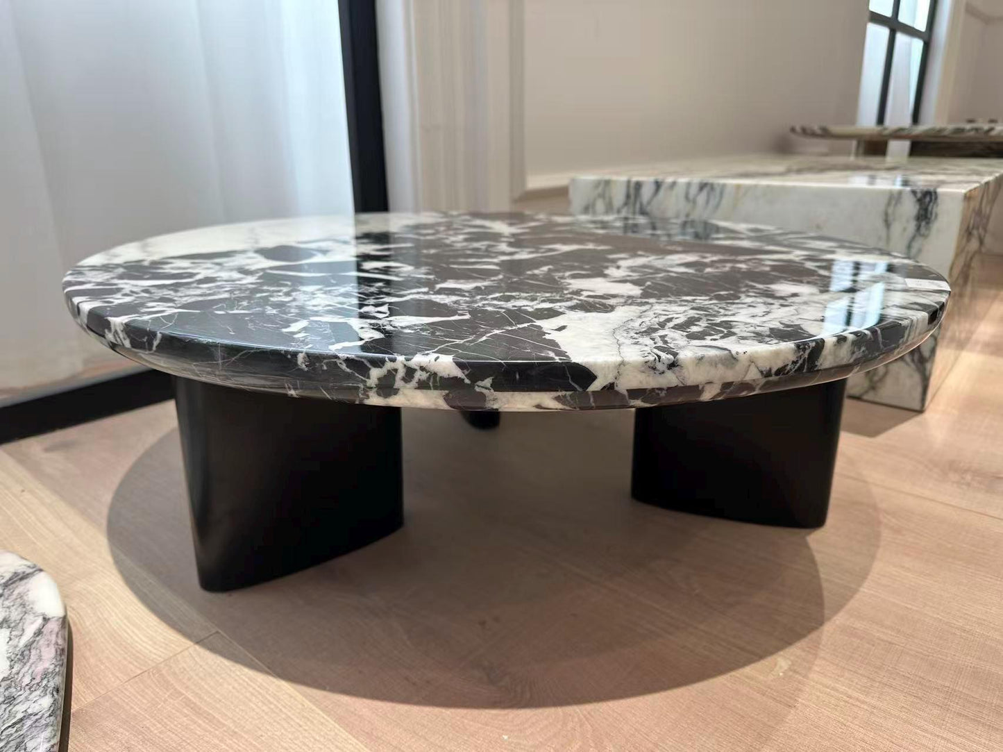 Handmade Round Natural Black Marble Coffee Table: Contemporary Living Room Cocktail Table