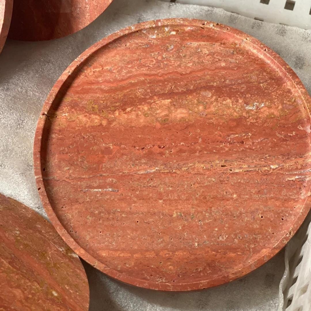 Handcrafted Red Travertine Tray - Modern Stone Storage Dish for Jewelry, Perfume & Candle Holders