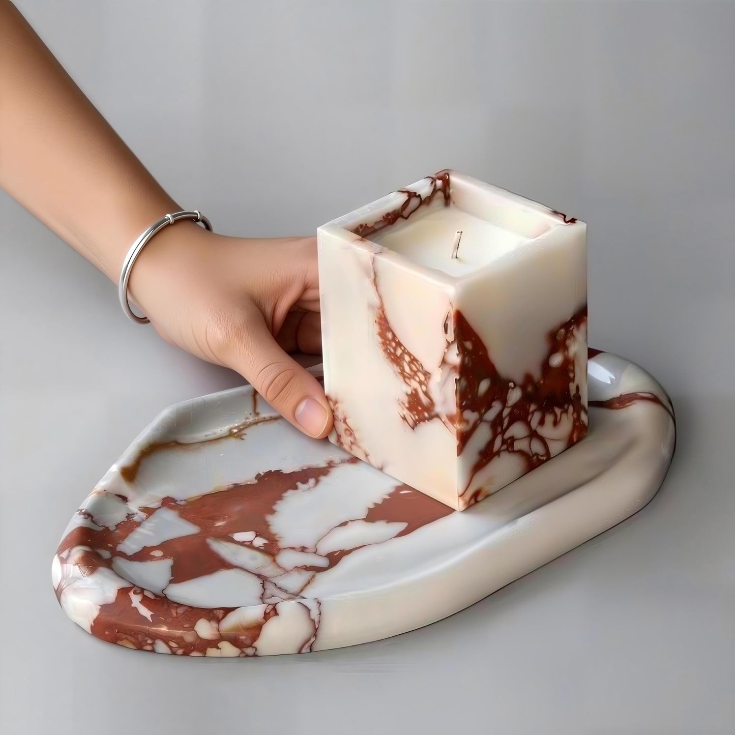 Handcrafted Red Marble Vanity Tray and Scented Candle Gift Set - Decorative Stone Organizer