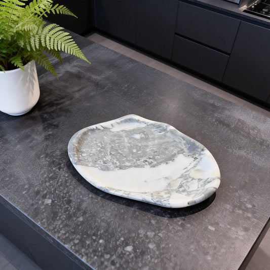 Natural Marble Tray – Organic Shape Decorative Stone Platter – Handcrafted Home Decor for Kitchen or Gift