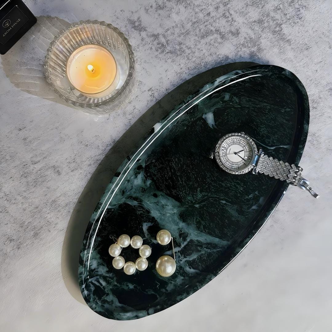 Handcrafted Marble Green Tray for living room designs-Jewelry Storage Tray useful gift