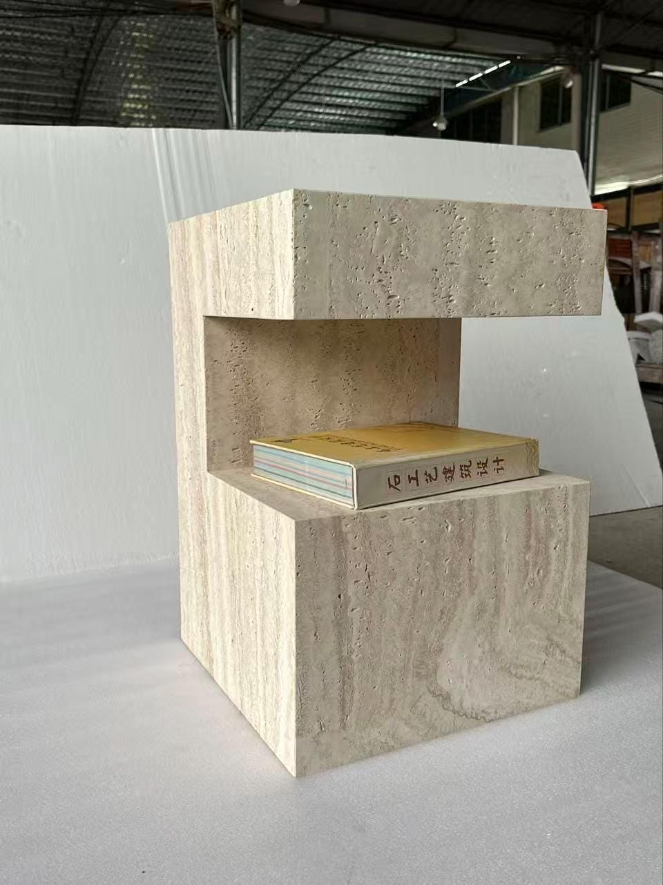 Handcrafted Travertine Side Table: Natural Stone Nightstand with Storage, plinth