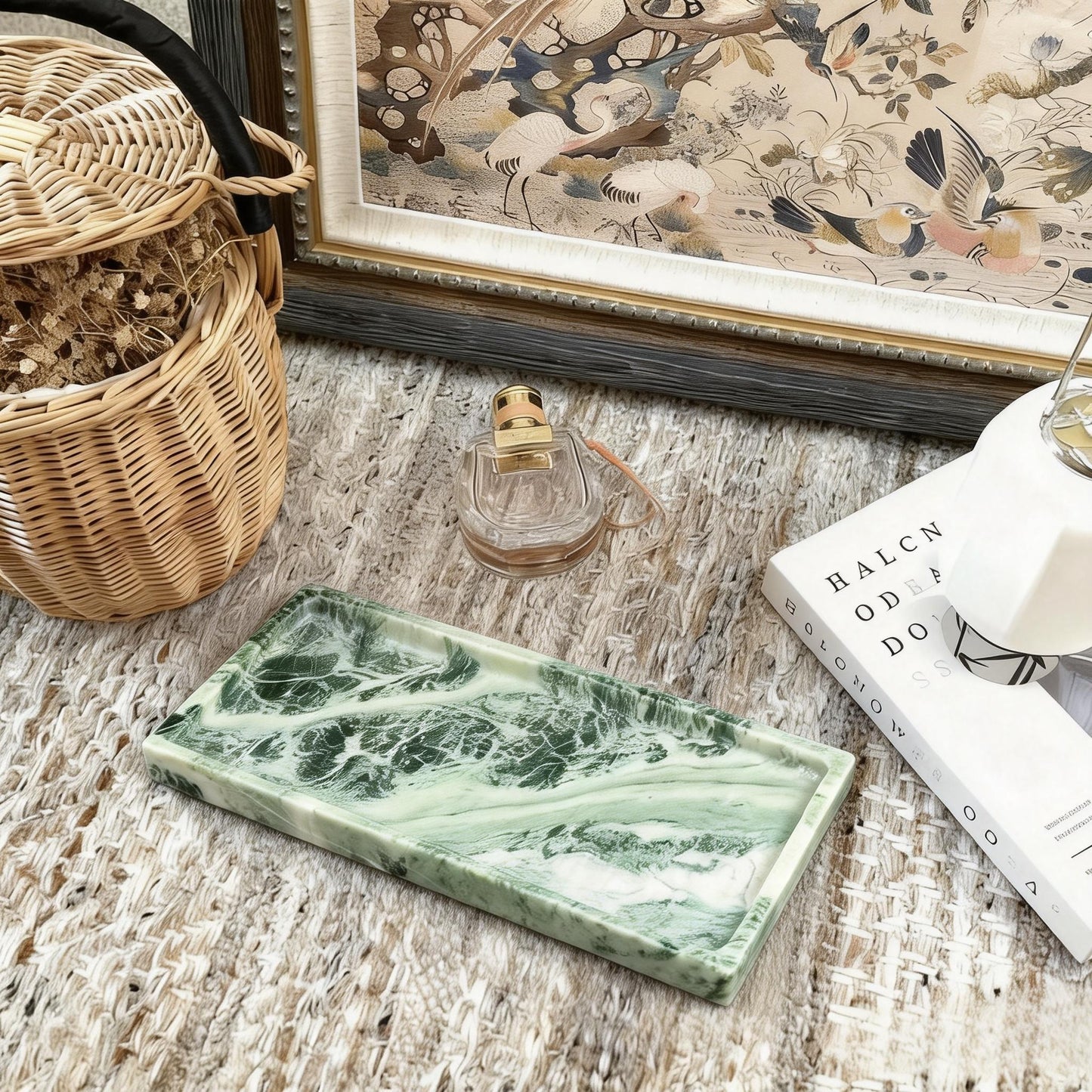 Handmade Green Veined Marble Tray, Luxury Vanity Organizer for Bathroom & Dressing Table Decor Gift