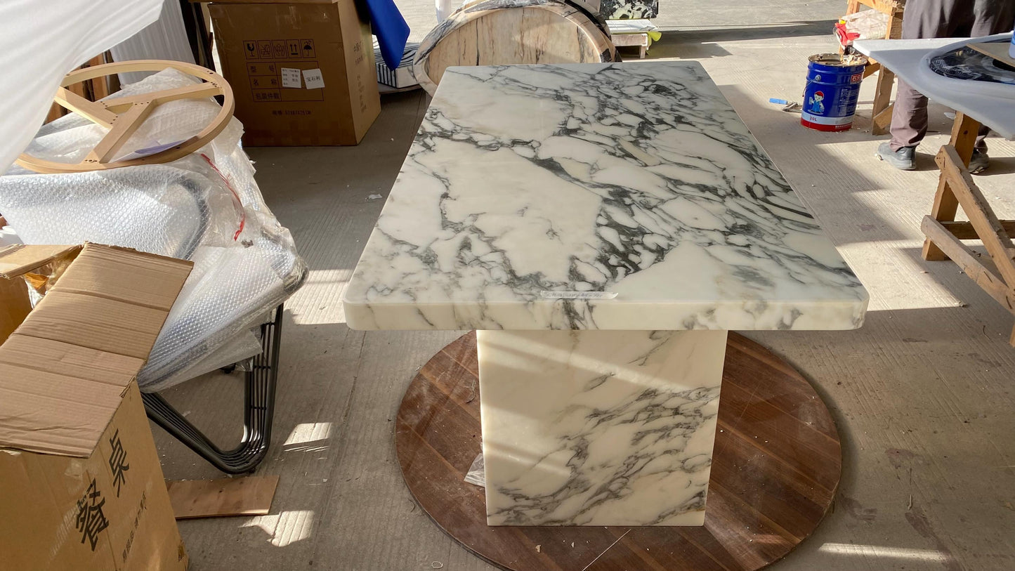 Elegant Calacatta white natural marble dining table: Luxury Italian Marble Furniture | Modern Triangle Base