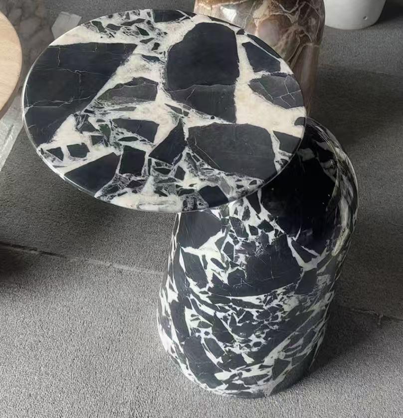 Handmade Modern Black and White Marble Side Table - Round Moon Top