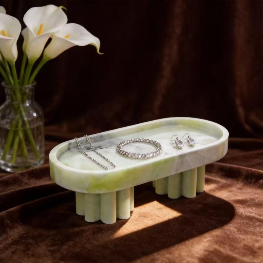Handcrafted Fluted Pedestal Marble footed Tray, Modern Home Decor for Bathroom